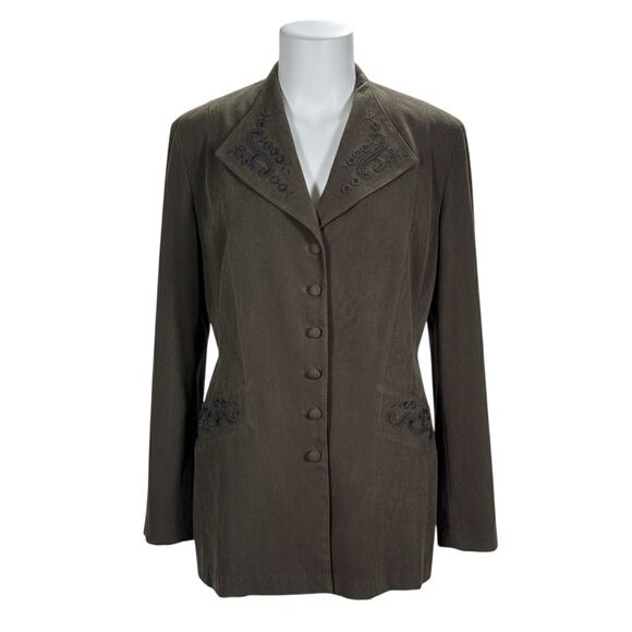 Dressbarn Women's Size 10 Green Faux Suede Embroidered Blazer Jacket Vintage - Picture 1 of 11